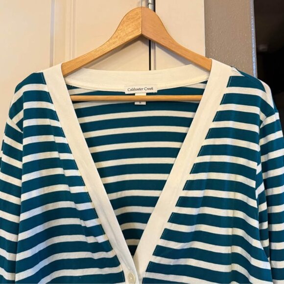 Women Striped Long Coldwater Creek‎ Teal and Ivory Cardigan Sweater-Size L (14) - Picture 2 of 8